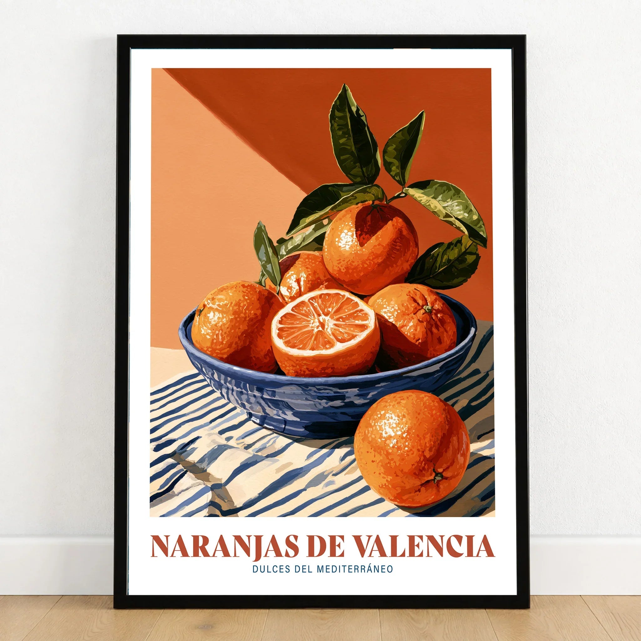 Valencia Oranges Spanish Kitchen Wall Art - art print in black frame on wooden floor