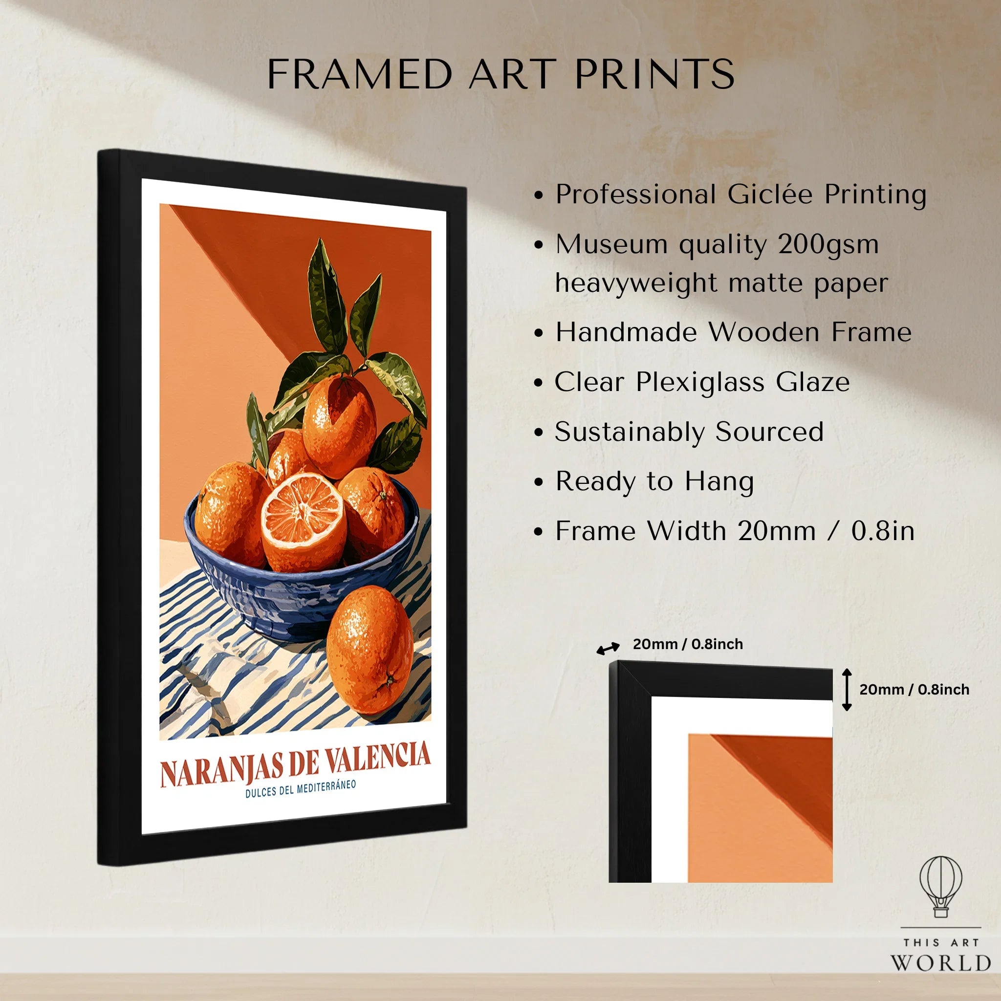 Valencia Oranges Spanish Kitchen Wall Art - framed print details measurements quality details