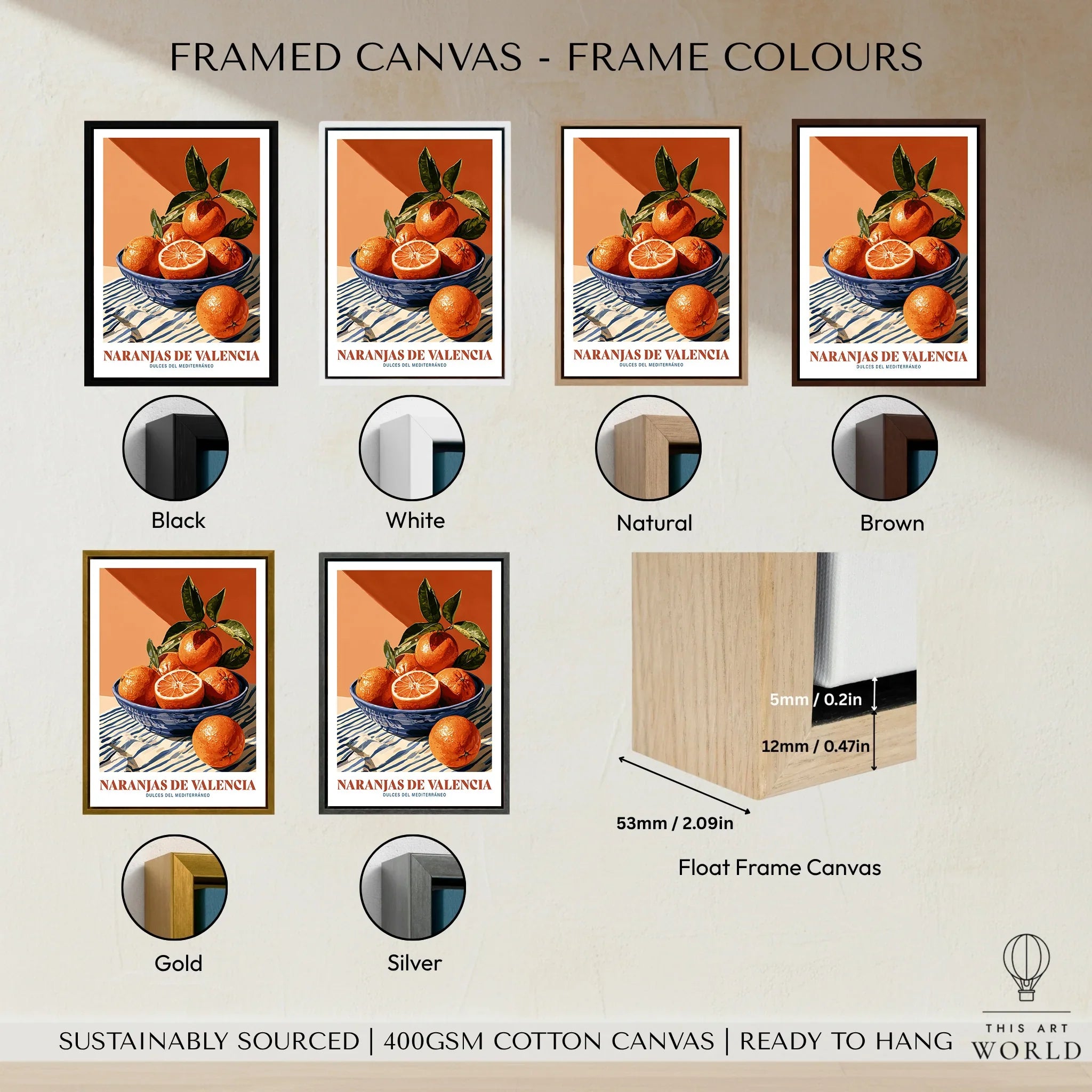 Valencia Oranges Spanish Kitchen Wall Art - framed canvas float frame colour options