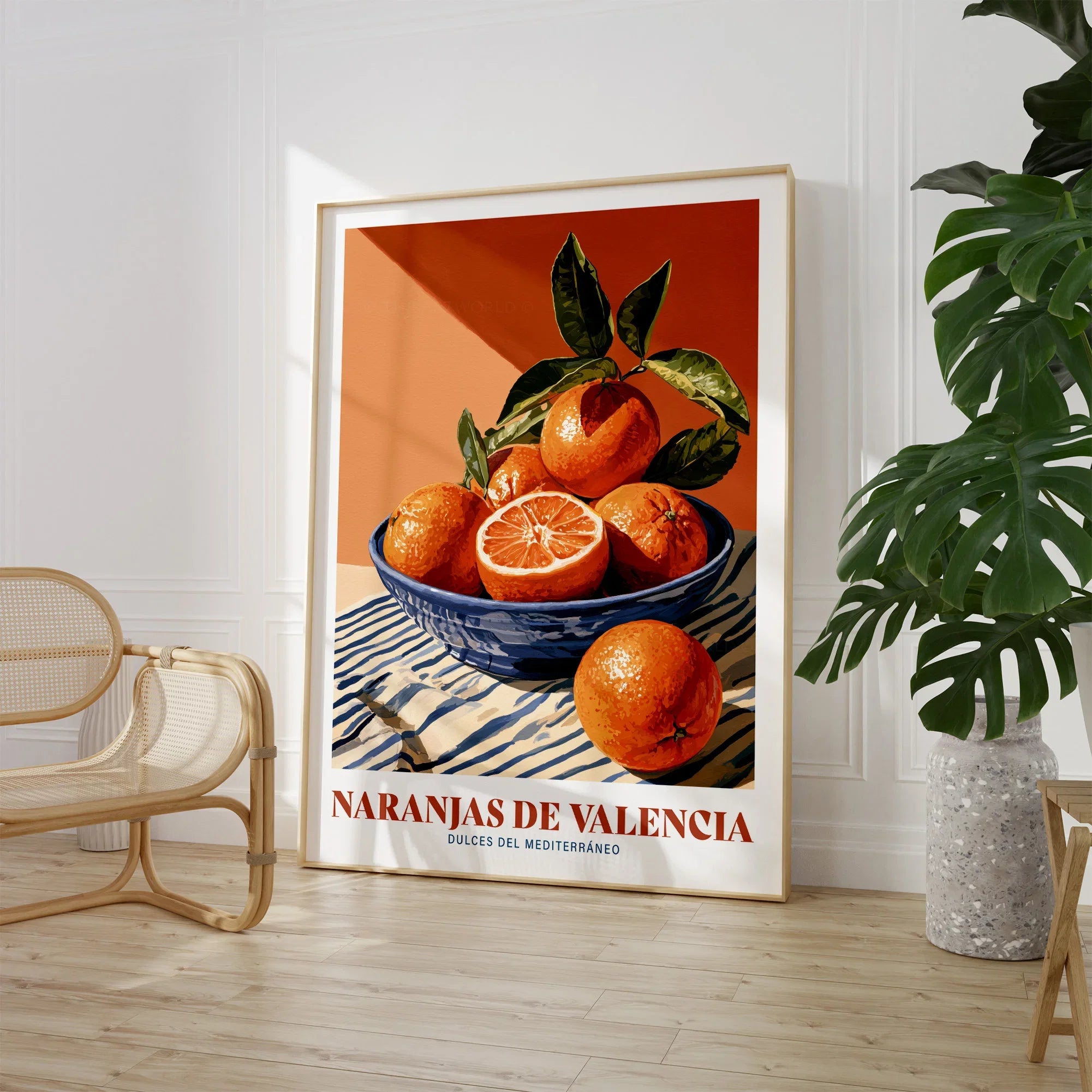 Valencia Oranges Spanish Kitchen Wall Art - large framed print room setting chair plant