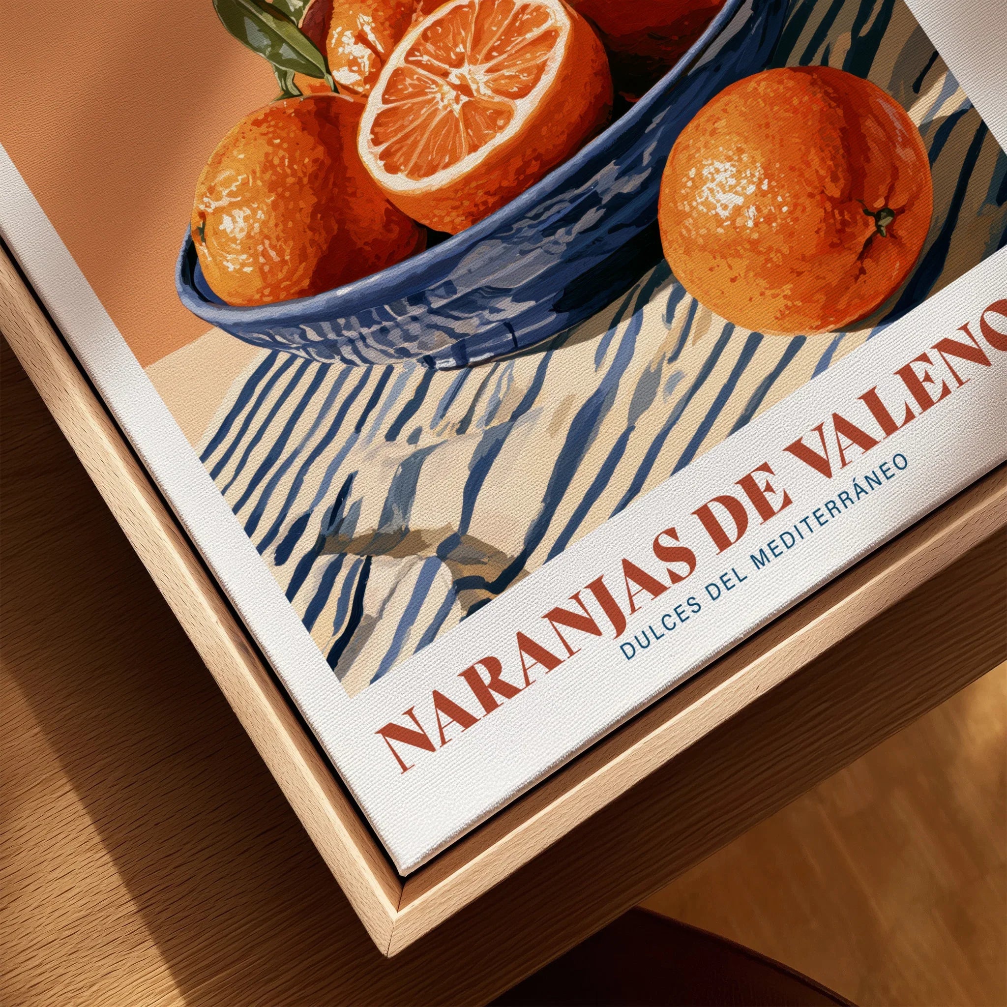Valencia Oranges Spanish Kitchen Wall Art - closeup framed canvas natural wood floating frame