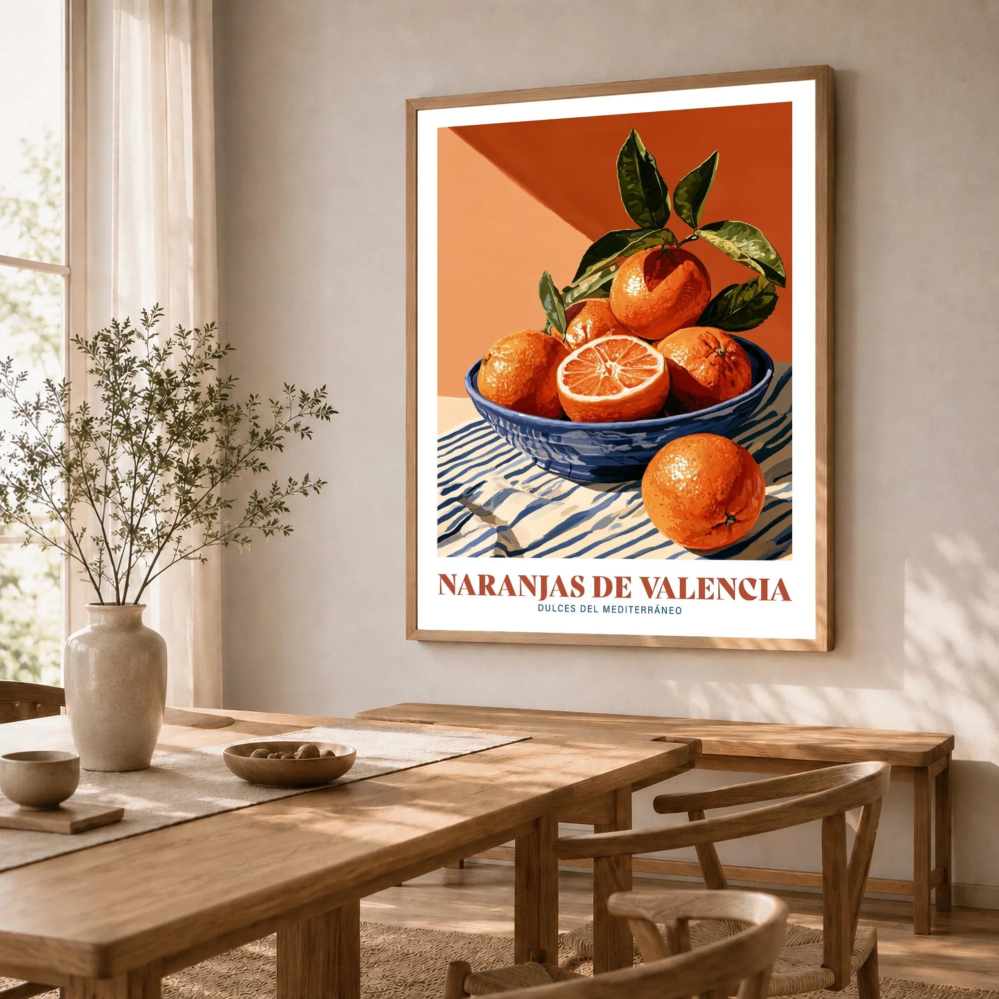 Valencia Oranges Spanish Kitchen Wall Art - dining room framed print natural wood frame mockup ThisArtWorld
