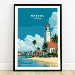 Nassau Bahamas Church Travel Poster — art print in black frame on wooden floor