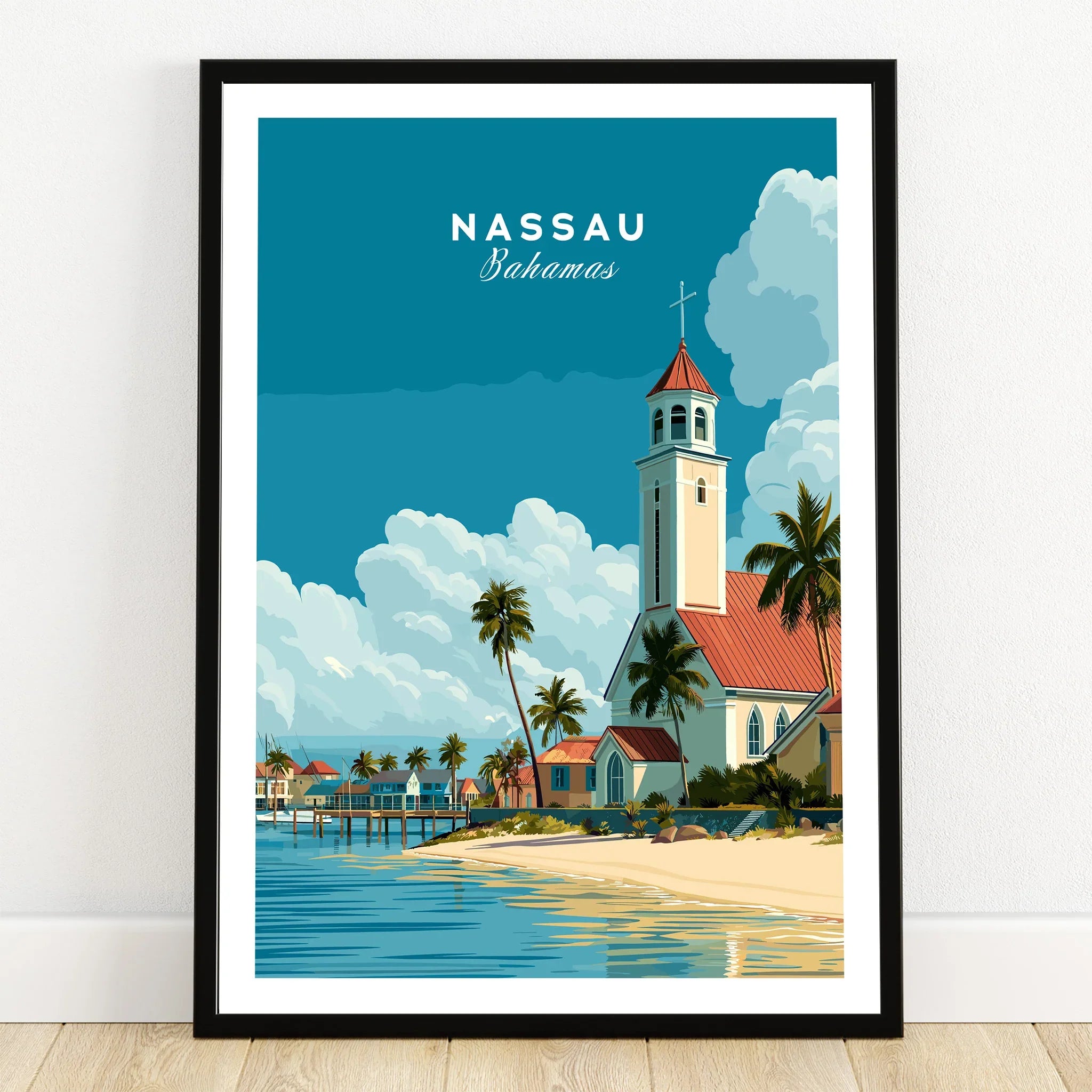 Nassau Bahamas Church Travel Poster — art print in black frame on wooden floor