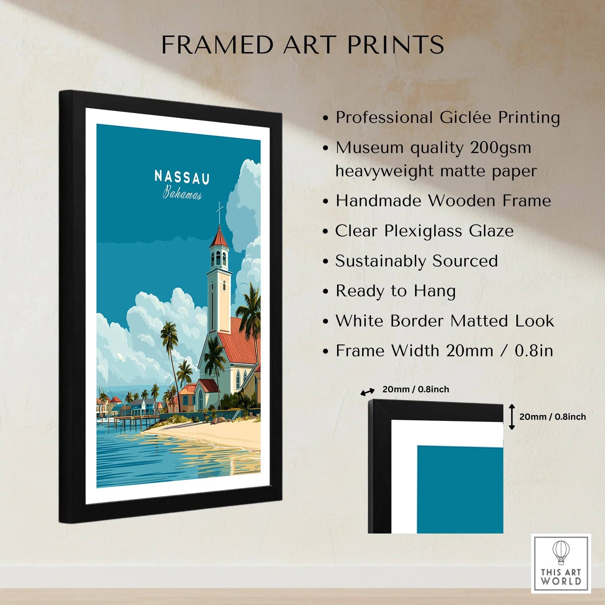 Nassau Bahamas Church Travel Poster — framed print details measurements quality details