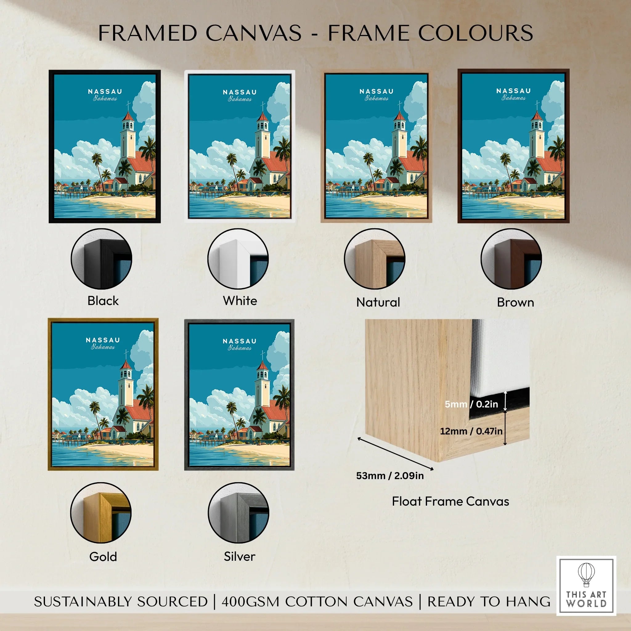 Nassau Bahamas Church Travel Poster — framed canvas float frame colour options