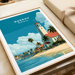 Nassau Bahamas Church Travel Poster — framed art print closeup gift unwrapped natural frame