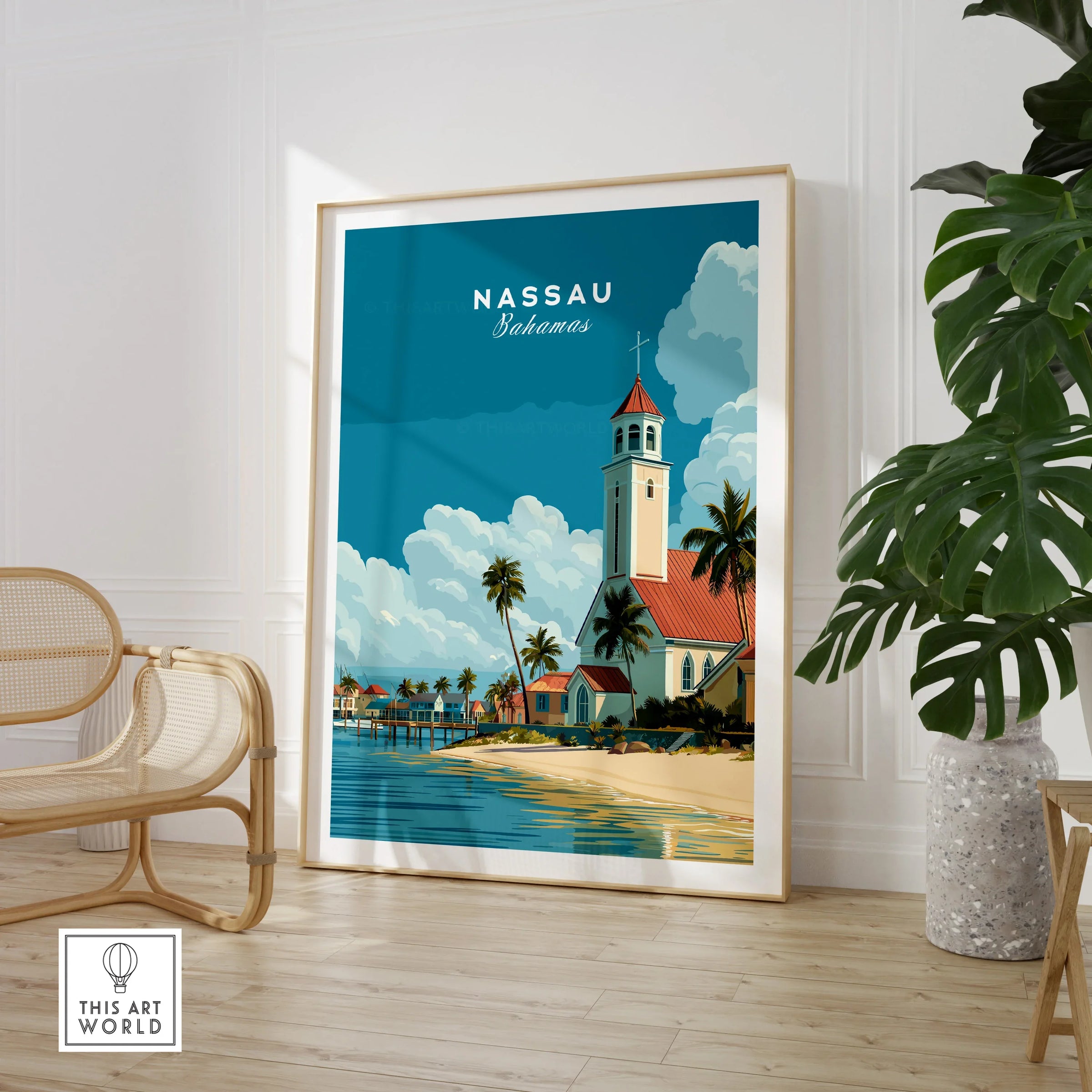 Nassau Bahamas Church Travel Poster — large framed print room setting chair plant