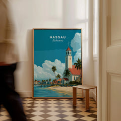 Nassau Bahamas Church Travel Poster — framed canvas on floor man walking past