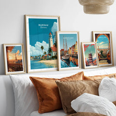 Nassau Bahamas Church Travel Poster — set five framed artprints above bed natural wood frames