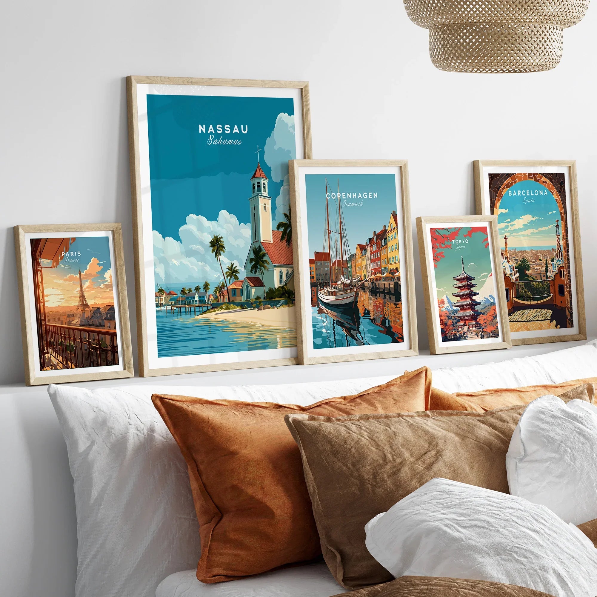 Nassau Bahamas Church Travel Poster — set five framed artprints above bed natural wood frames