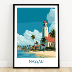 Nassau Bahamas Colonial Town Wall Art — art print in black frame on wooden floor