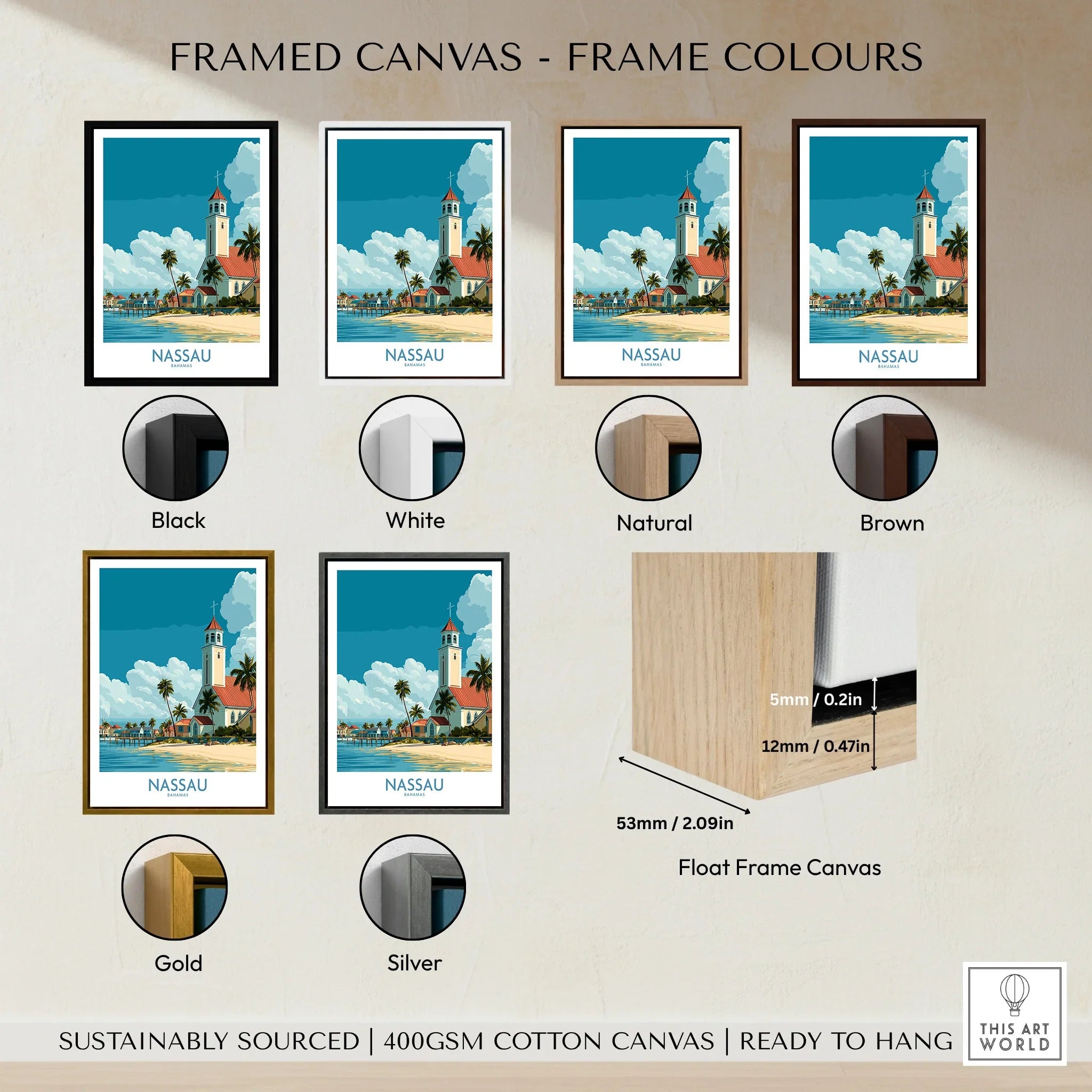 Nassau Bahamas Colonial Town Wall Art — framed canvas float frame colour options