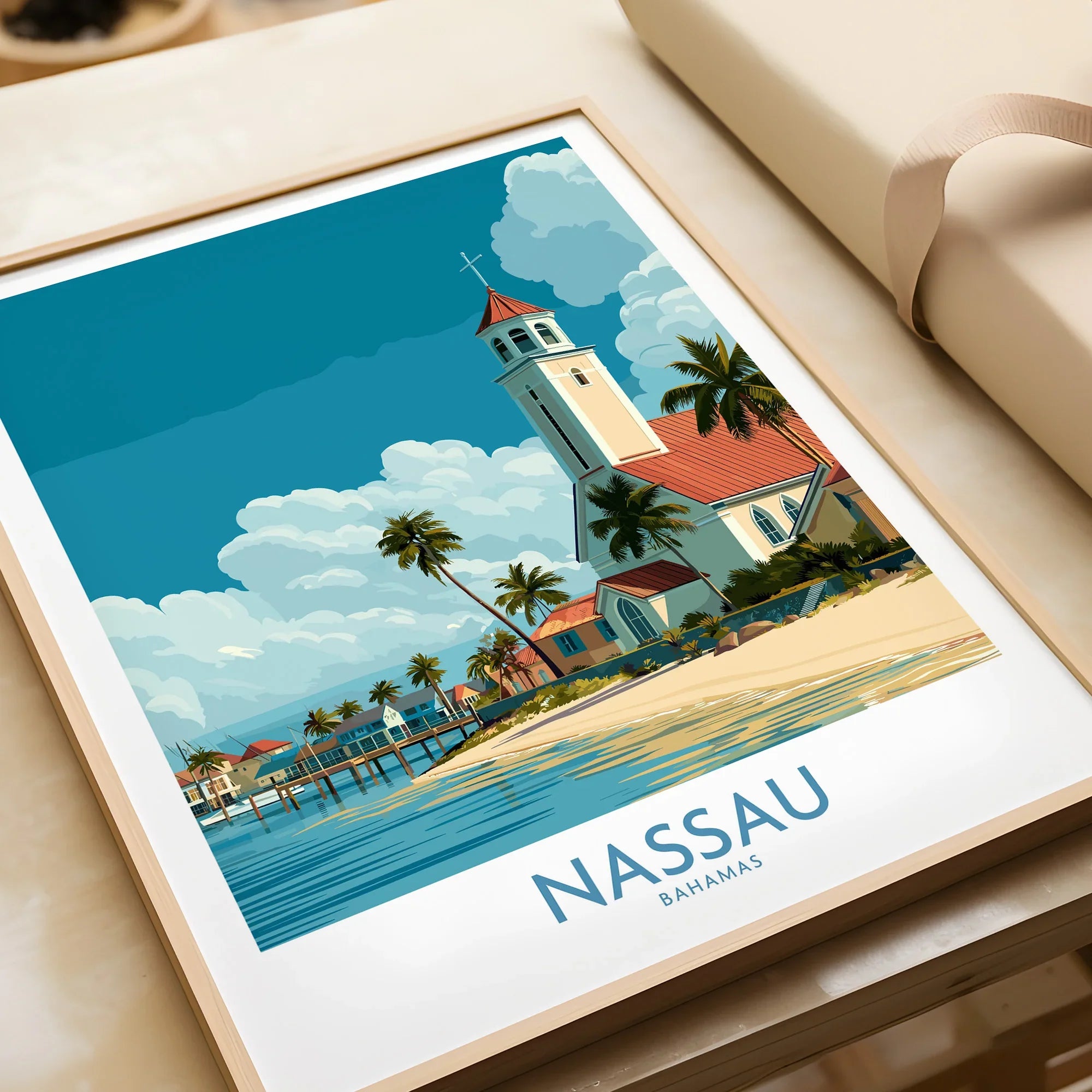 Nassau Bahamas Colonial Town Wall Art — framed art print closeup gift unwrapped natural frame