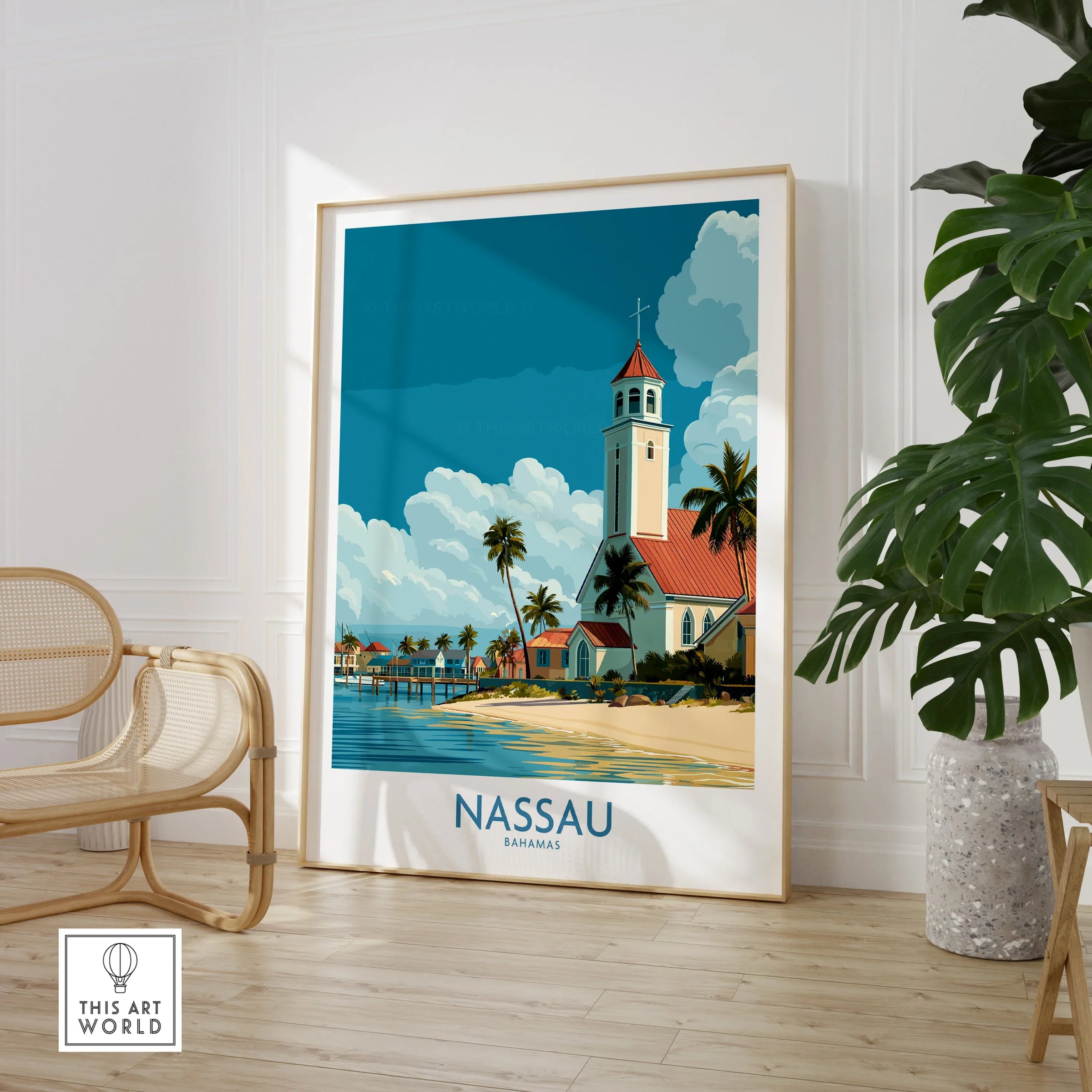 Nassau Bahamas Colonial Town Wall Art — large framed print room setting chair plant