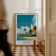 Nassau Bahamas Colonial Town Wall Art — framed canvas on floor man walking past