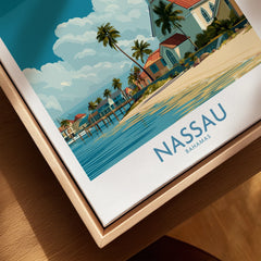 Nassau Bahamas Colonial Town Wall Art — closeup framed canvas natural wood floating frame
