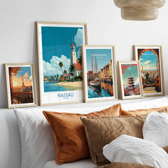 Nassau Bahamas Colonial Town Wall Art — set five framed artprints above bed natural wood frames
