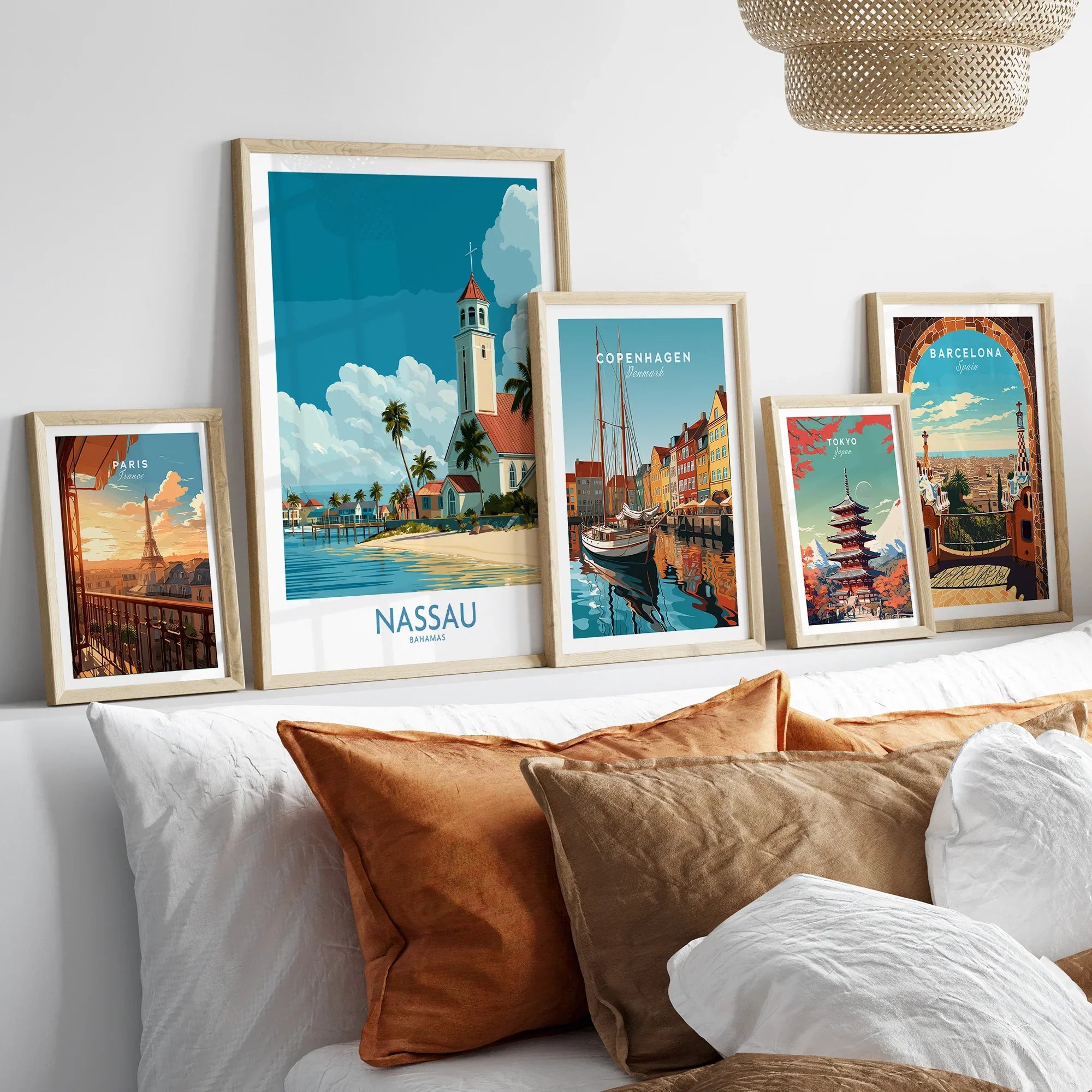 Nassau Bahamas Colonial Town Wall Art — set five framed artprints above bed natural wood frames