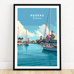 Nassau Bahamas Harbour Travel Poster — art print in black frame on wooden floor