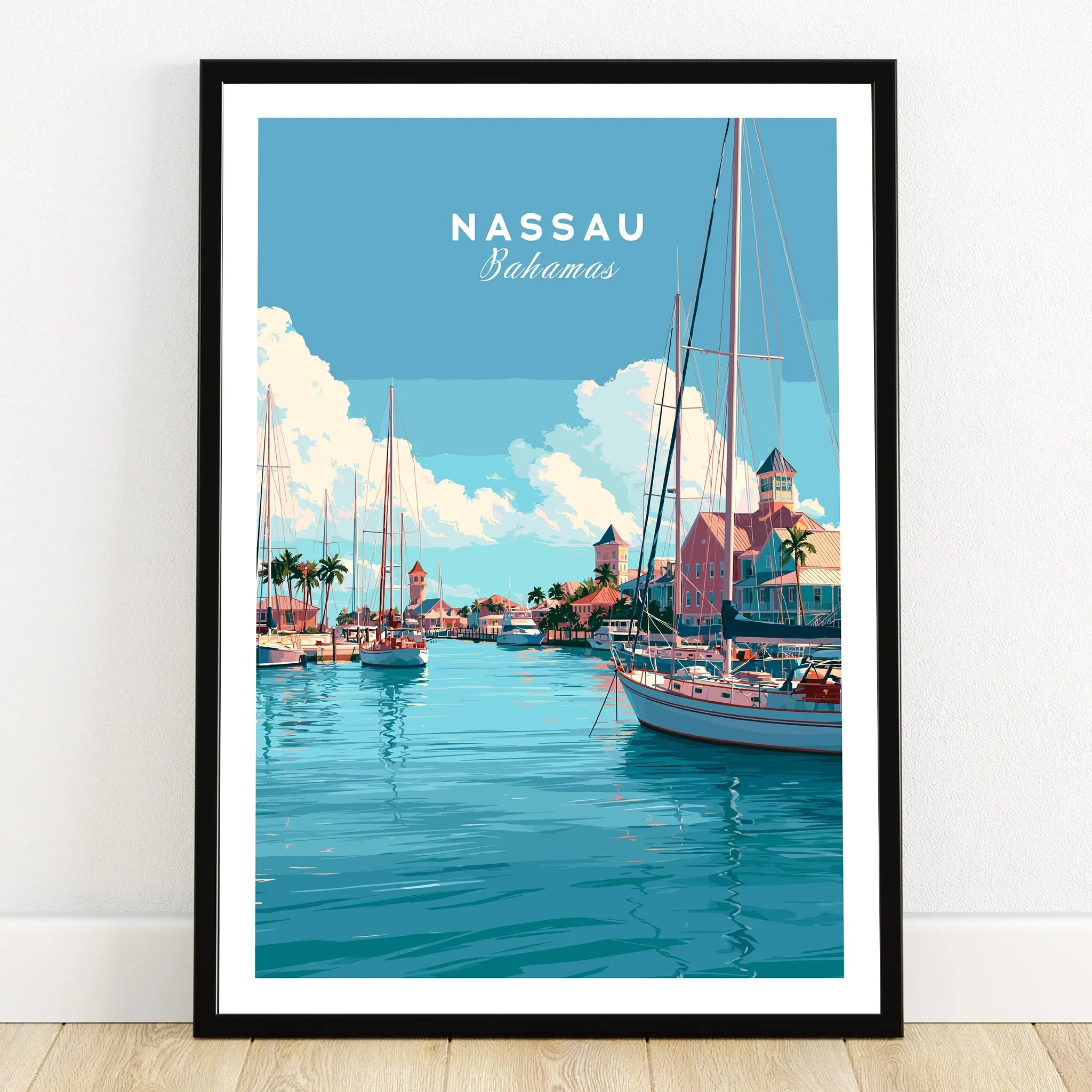 Nassau Bahamas Harbour Travel Poster — art print in black frame on wooden floor