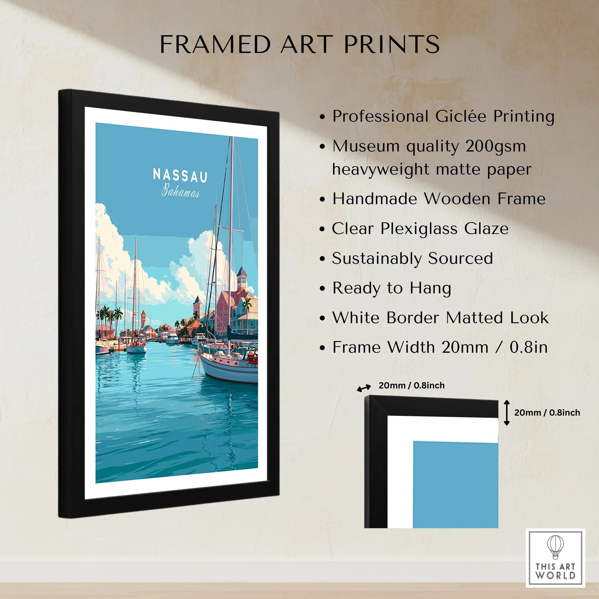 Nassau Bahamas Harbour Travel Poster — framed print details measurements quality details