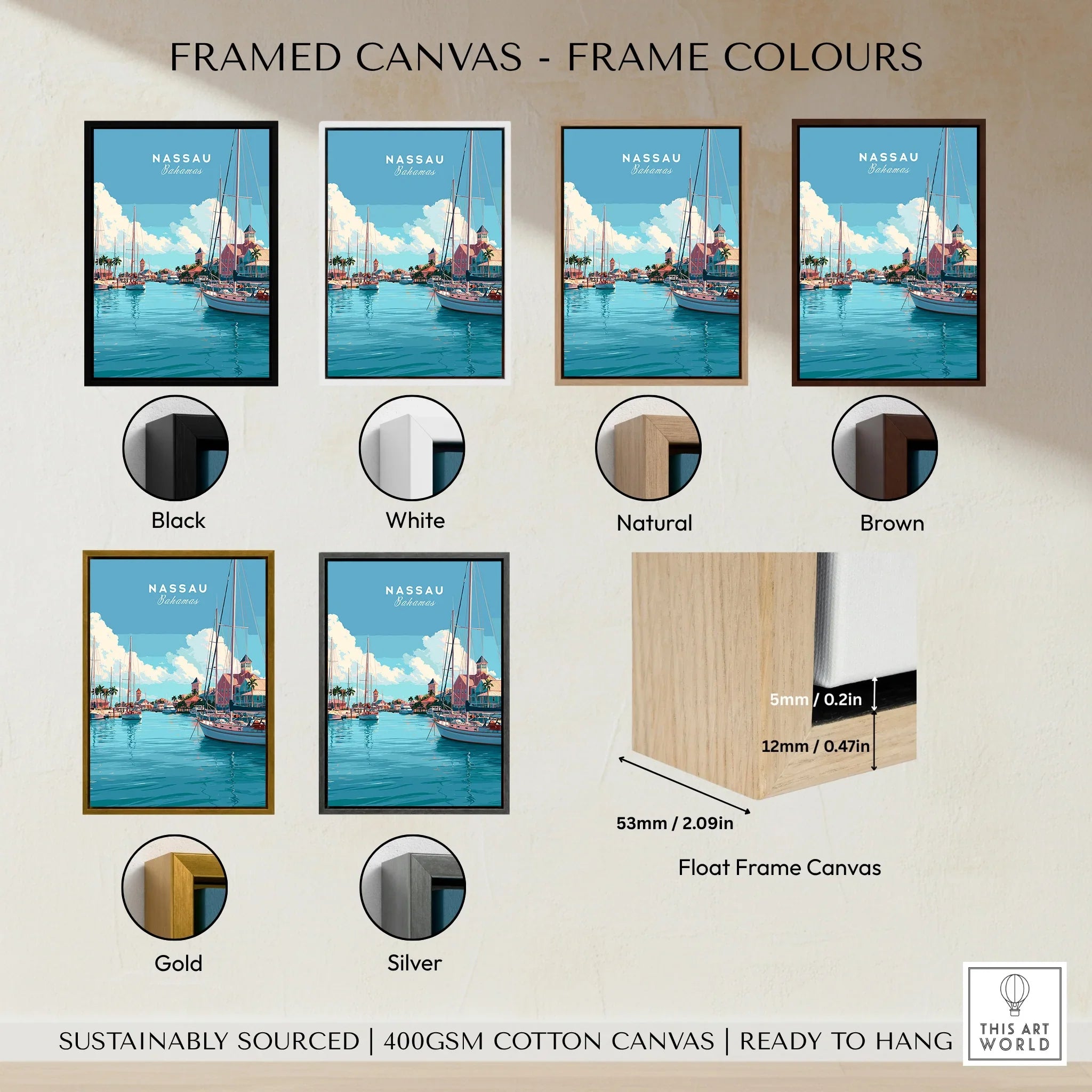 Nassau Bahamas Harbour Travel Poster — framed canvas float frame colour options