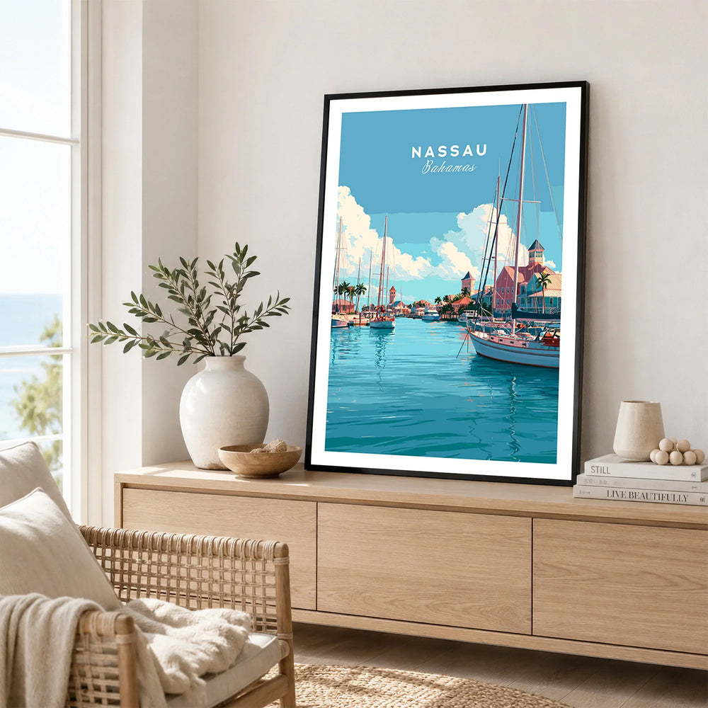 Nassau Bahamas Harbour Travel Poster — framed artwork living room lifestyle setting