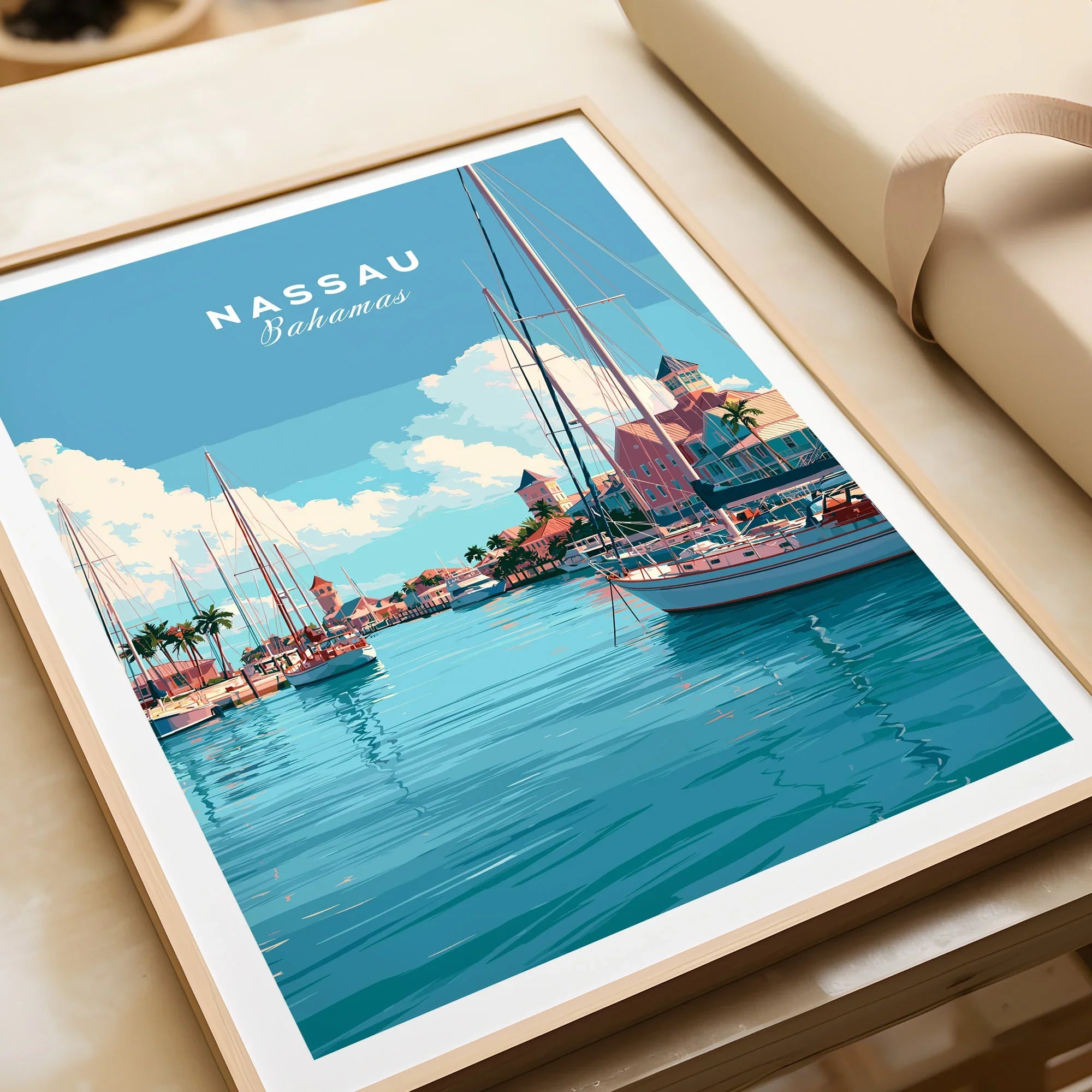 Nassau Bahamas Harbour Travel Poster — framed art print closeup gift unwrapped natural frame