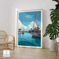 Nassau Bahamas Harbour Travel Poster — large framed print room setting chair plant