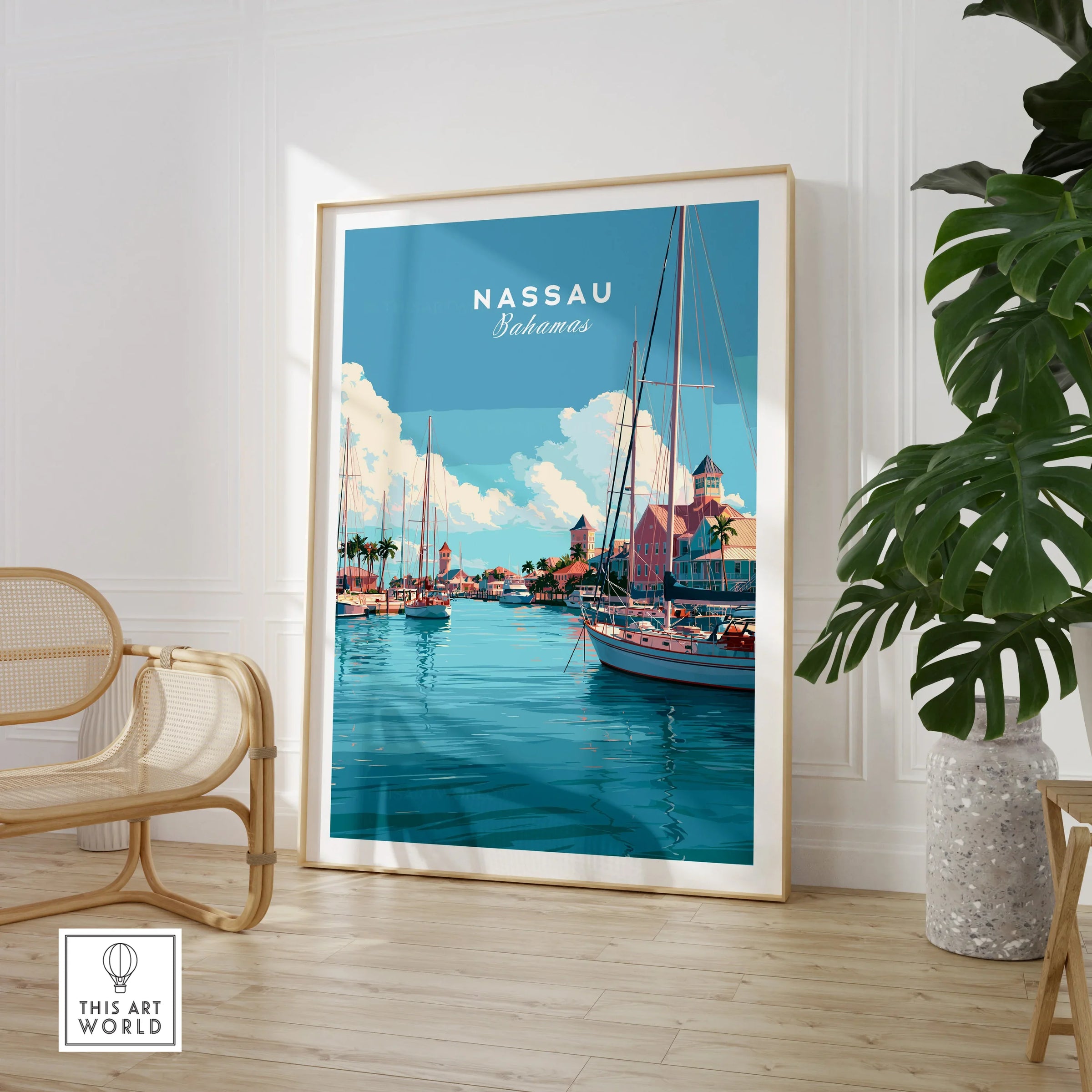 Nassau Bahamas Harbour Travel Poster — large framed print room setting chair plant