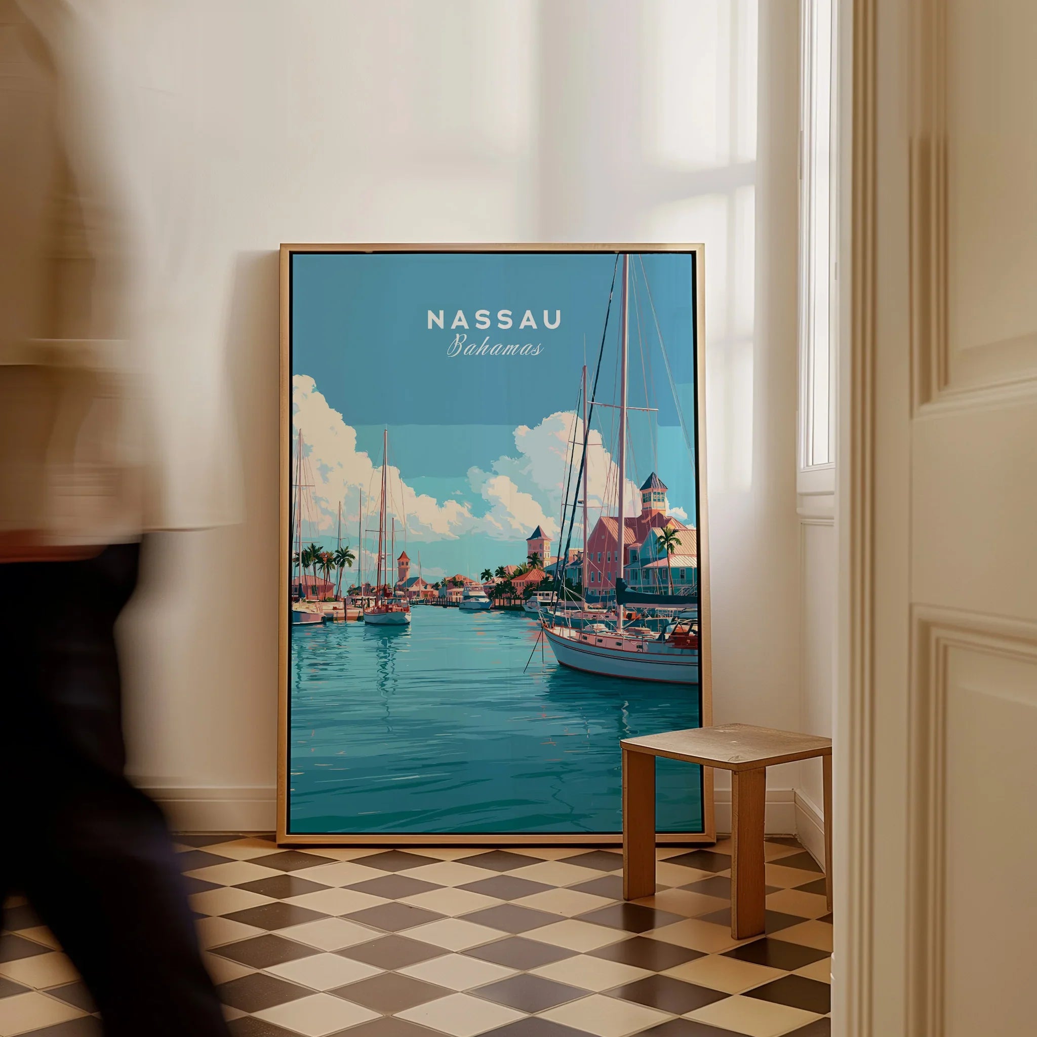 Nassau Bahamas Harbour Travel Poster — framed canvas on floor man walking past