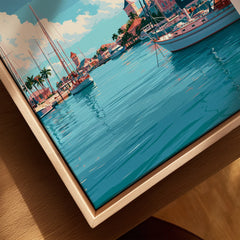 Nassau Bahamas Harbour Travel Poster — closeup framed canvas natural wood floating frame