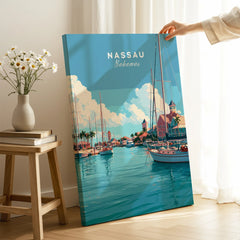Nassau Bahamas Harbour Travel Poster — canvas print mirror edge hand holding room setting