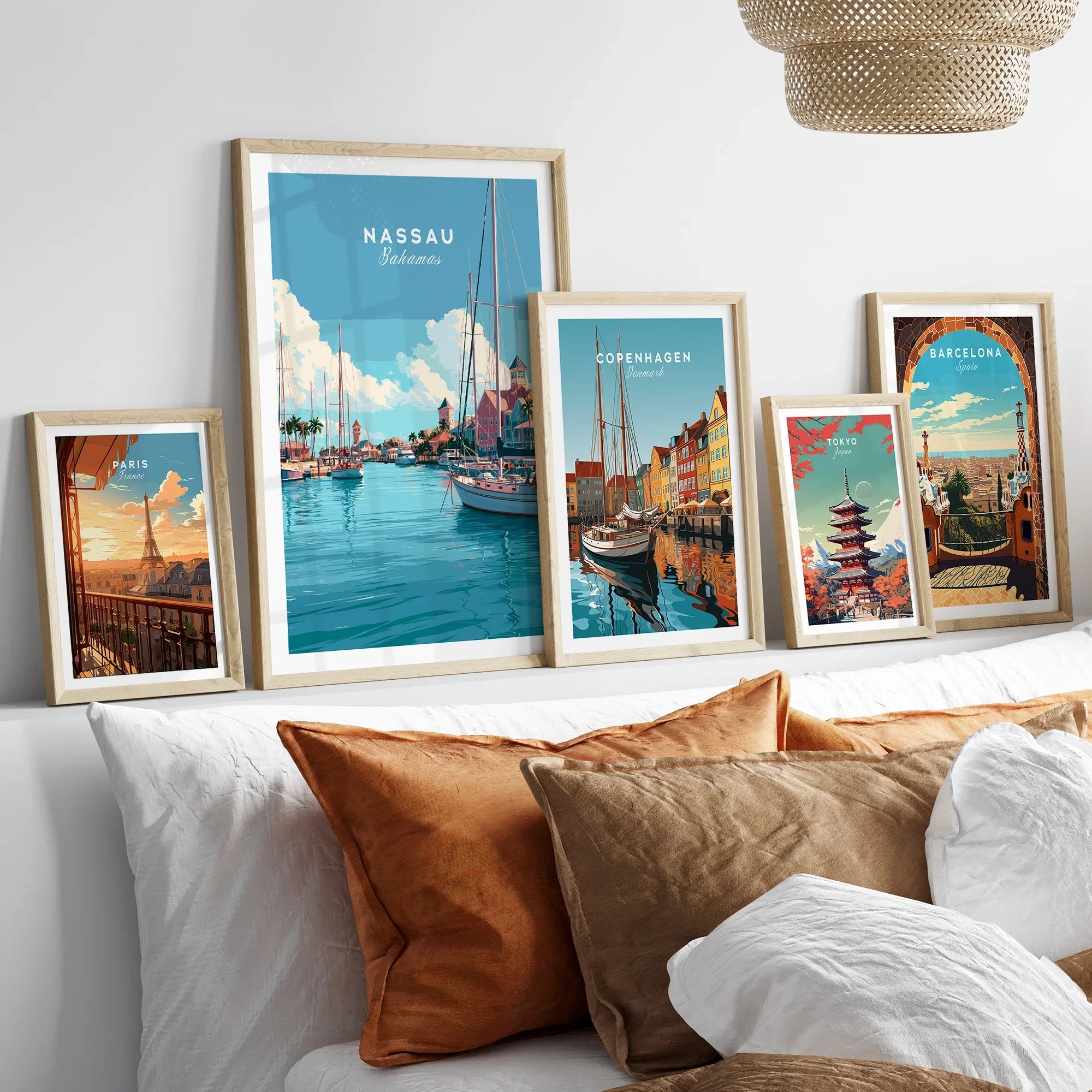 Nassau Bahamas Harbour Travel Poster — set five framed artprints above bed natural wood frames