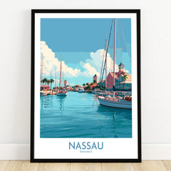 Nassau Bahamas Marina Wall Art — art print in black frame on wooden floor