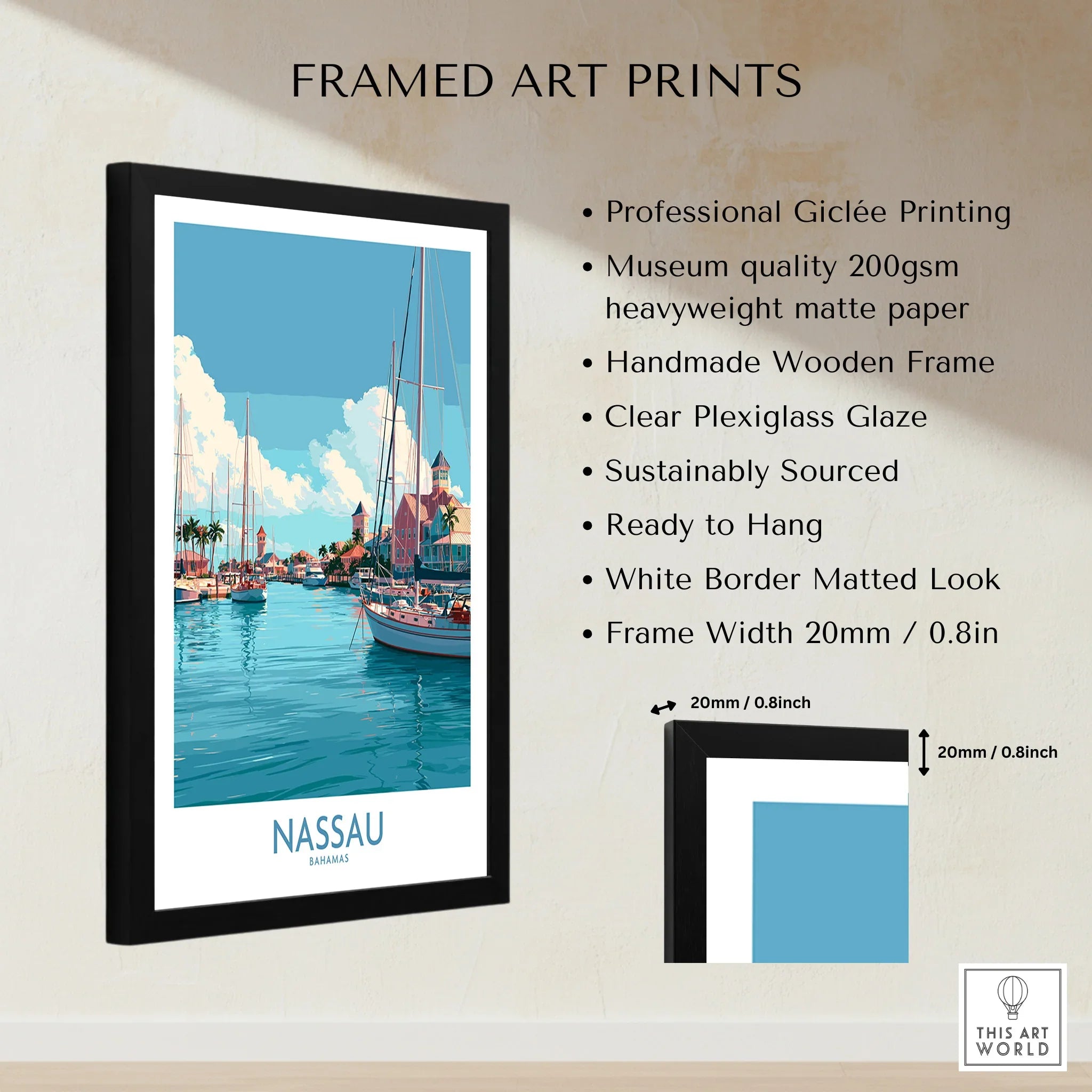 Nassau Bahamas Marina Wall Art — framed print details measurements quality details