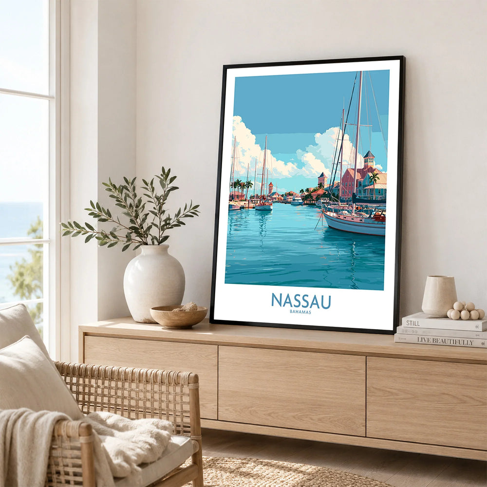 Nassau Bahamas Marina Wall Art — framed artwork living room lifestyle setting