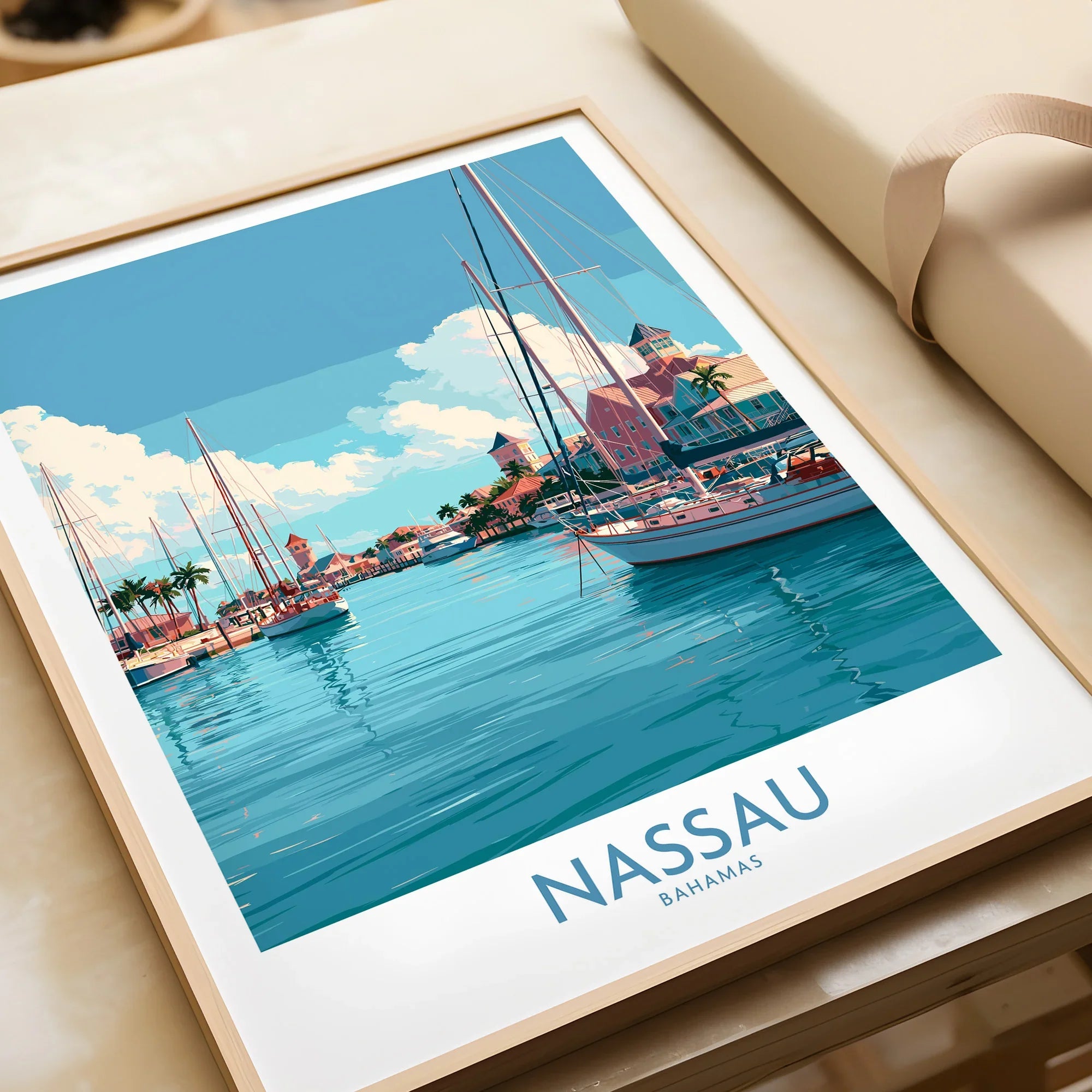 Nassau Bahamas Marina Wall Art — framed art print closeup gift unwrapped natural frame