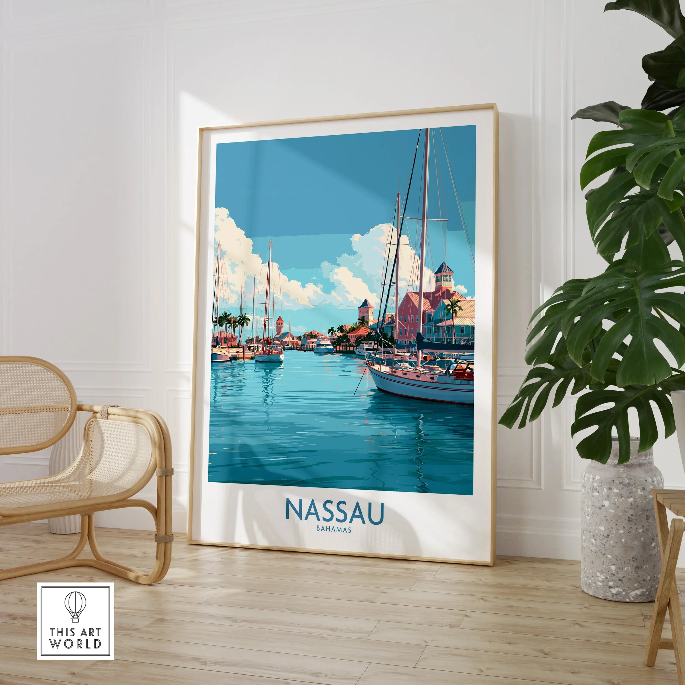 Nassau Bahamas Marina Wall Art — large framed print room setting chair plant