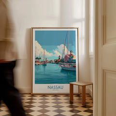 Nassau Bahamas Marina Wall Art — framed canvas on floor man walking past