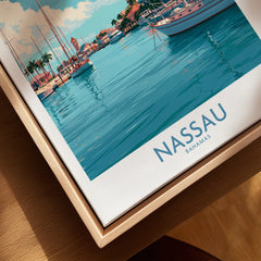 Nassau Bahamas Marina Wall Art — closeup framed canvas natural wood floating frame