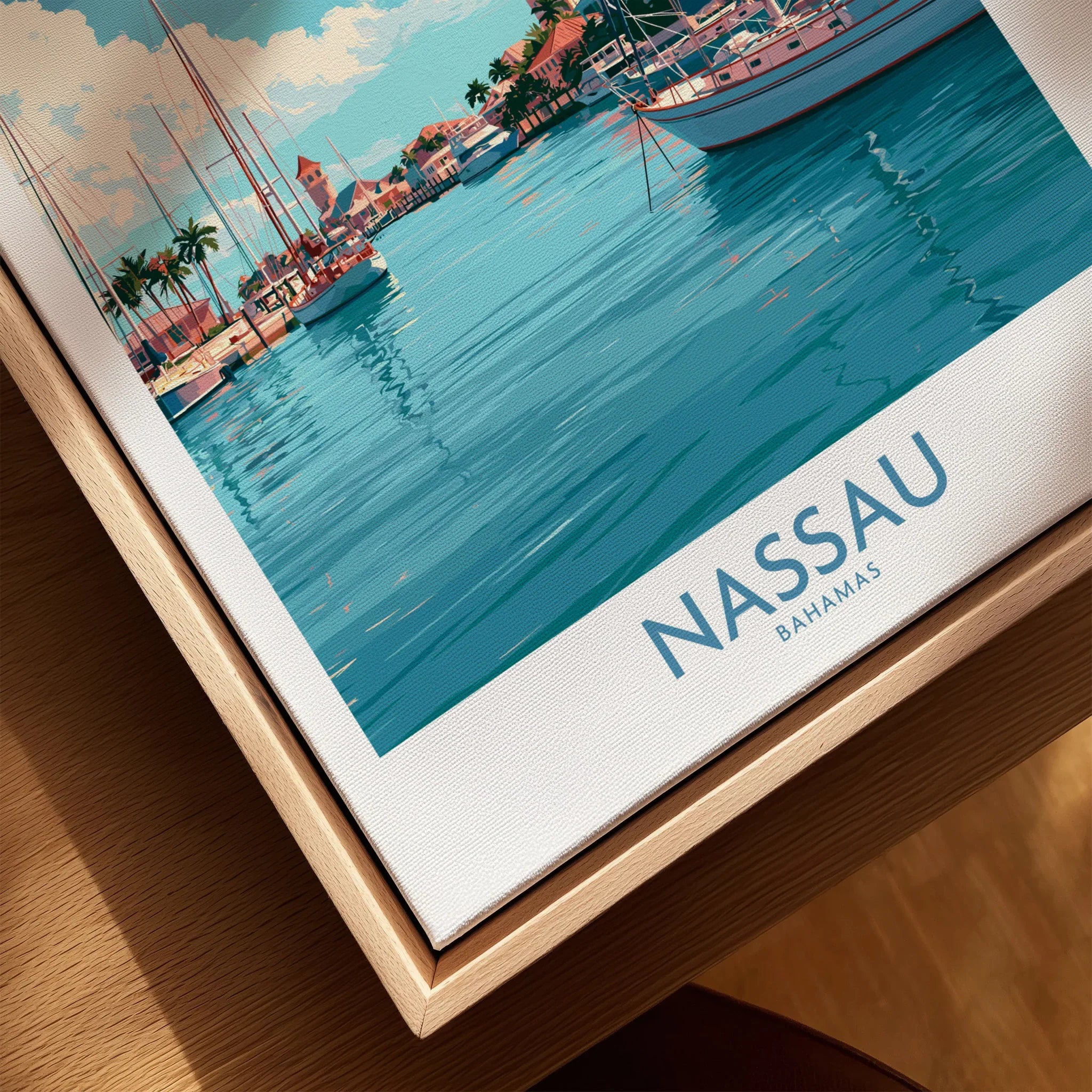 Nassau Bahamas Marina Wall Art — closeup framed canvas natural wood floating frame