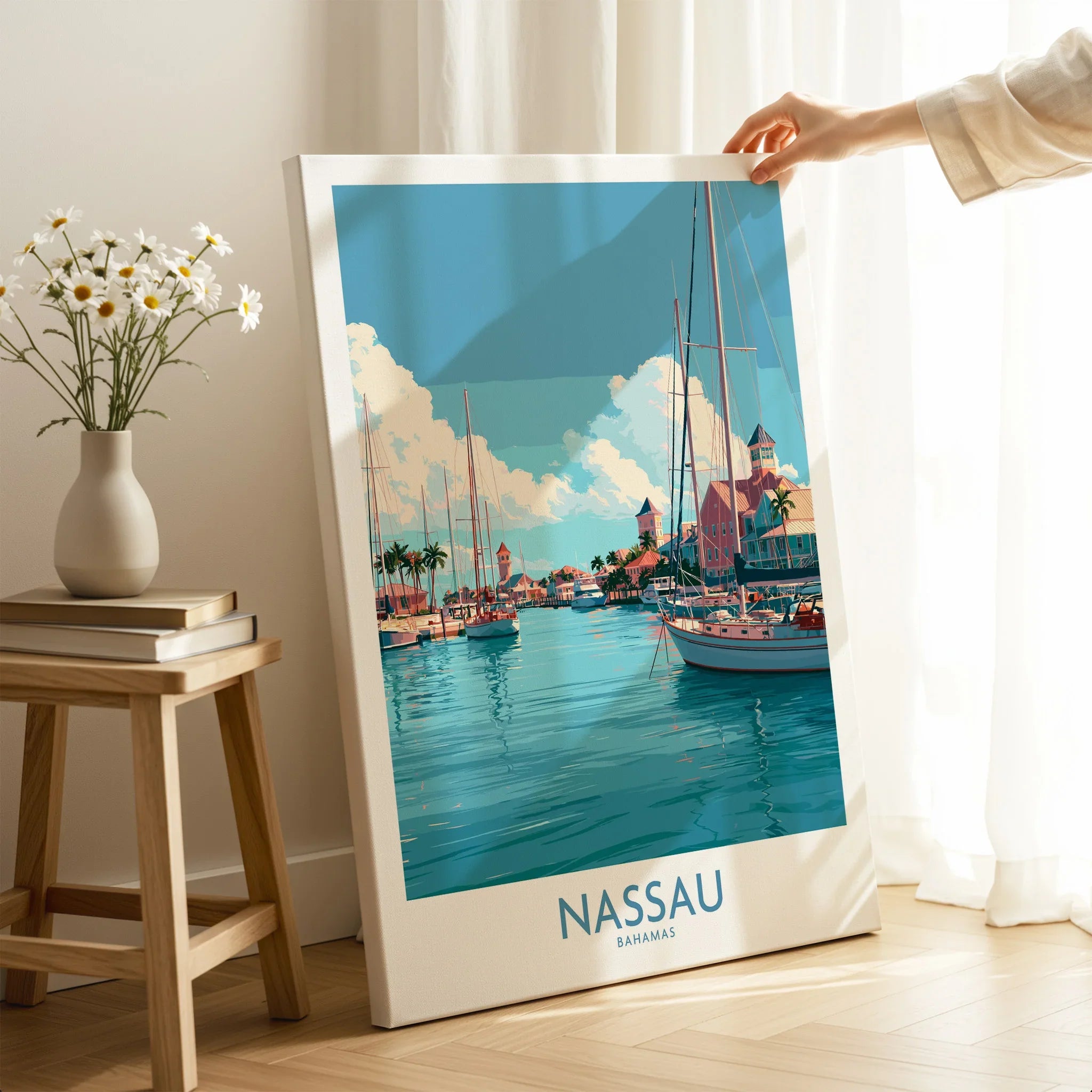 Nassau Bahamas Marina Wall Art — canvas print mirror edge hand holding room setting