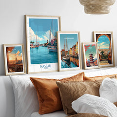Nassau Bahamas Marina Wall Art — set five framed artprints above bed natural wood frames
