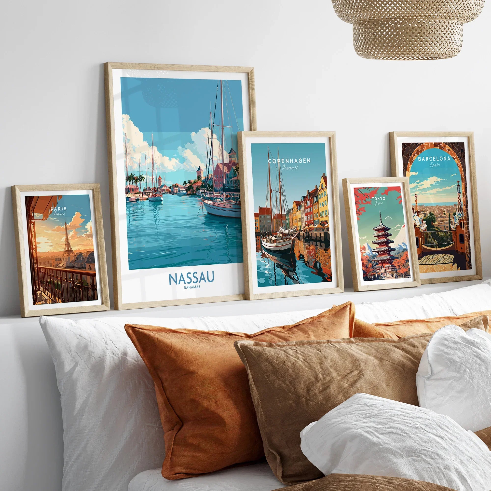 Nassau Bahamas Marina Wall Art — set five framed artprints above bed natural wood frames