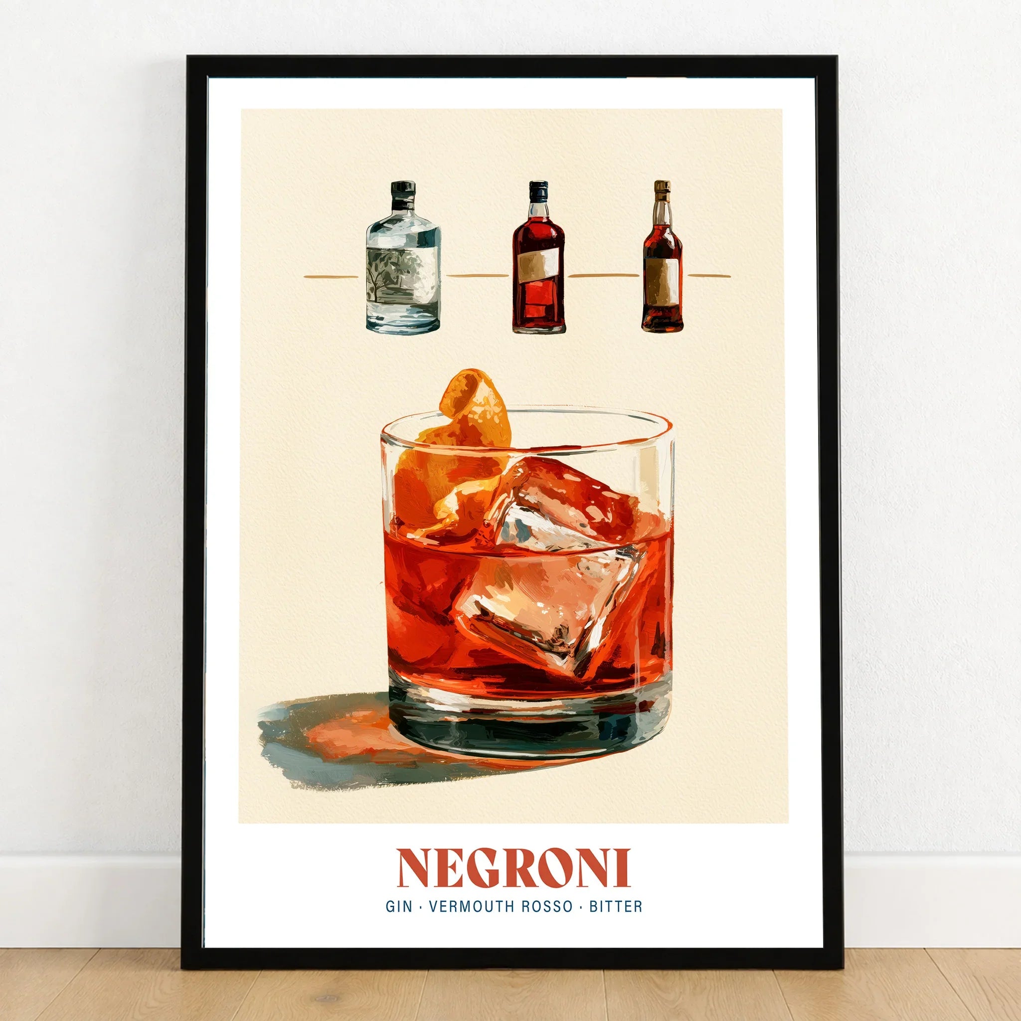 Negroni Italian Cocktail Recipe Poster - art print in black frame on wooden floor