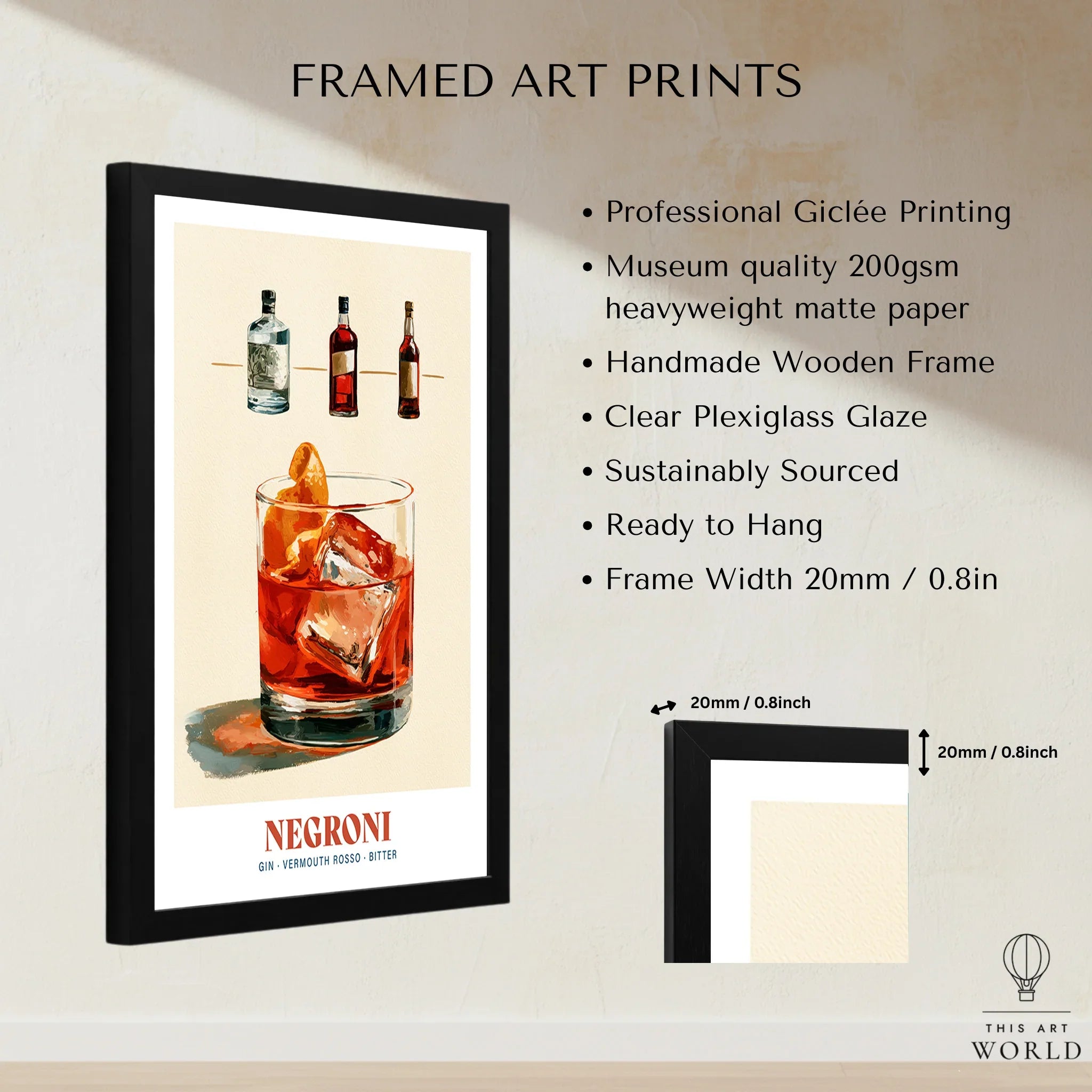 Negroni Italian Cocktail Recipe Poster - framed print details measurements quality details
