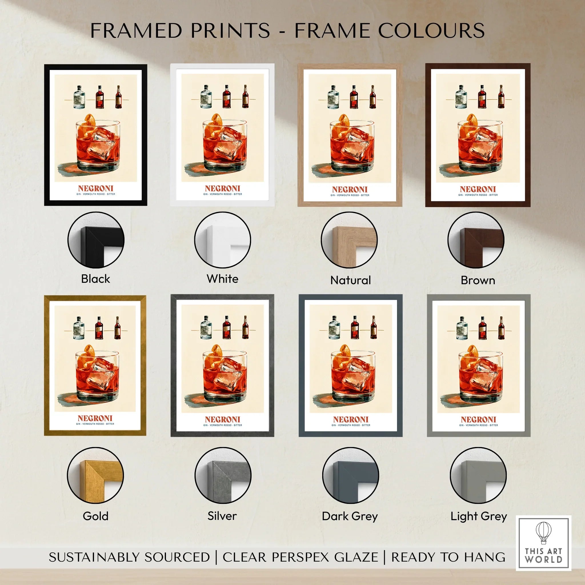 Negroni Italian Cocktail Recipe Poster - framed print colour options