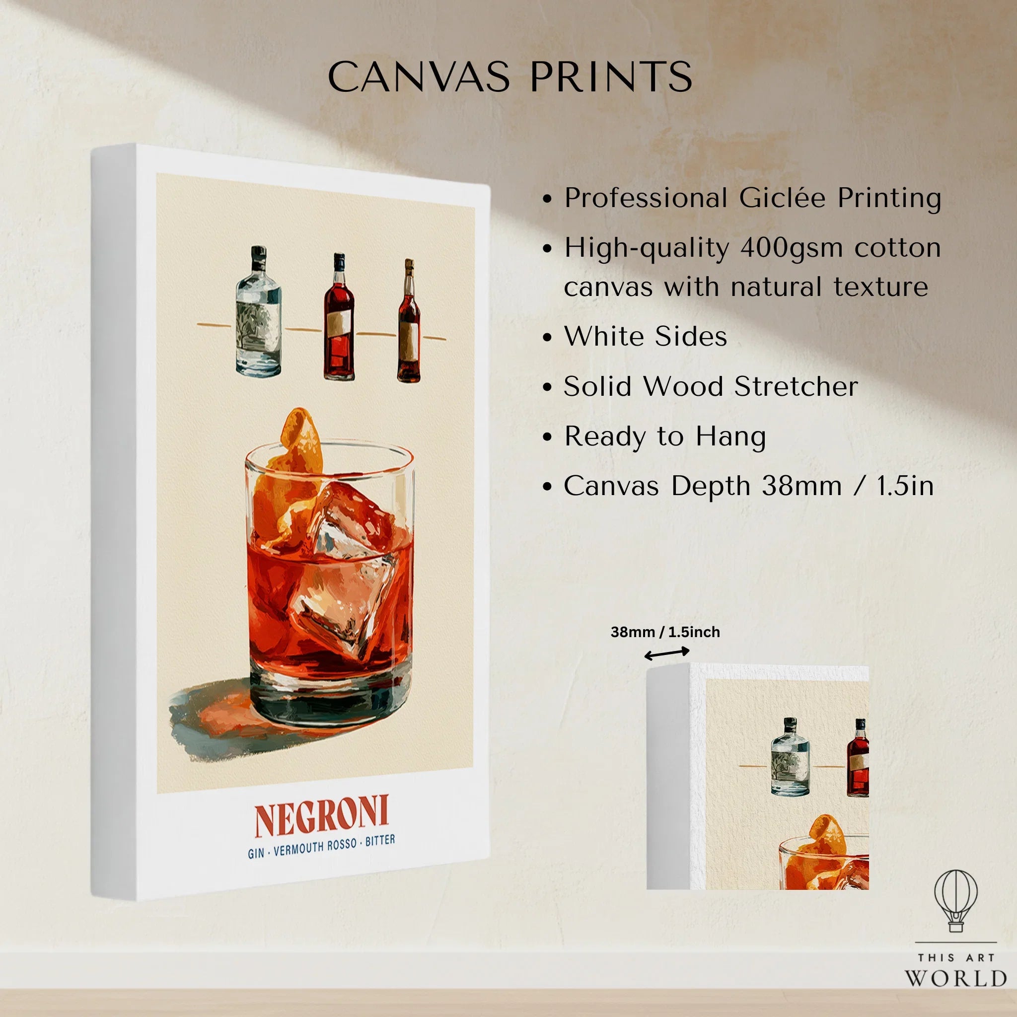 Negroni Italian Cocktail Recipe Poster - canvas print stretched cotton canvas details